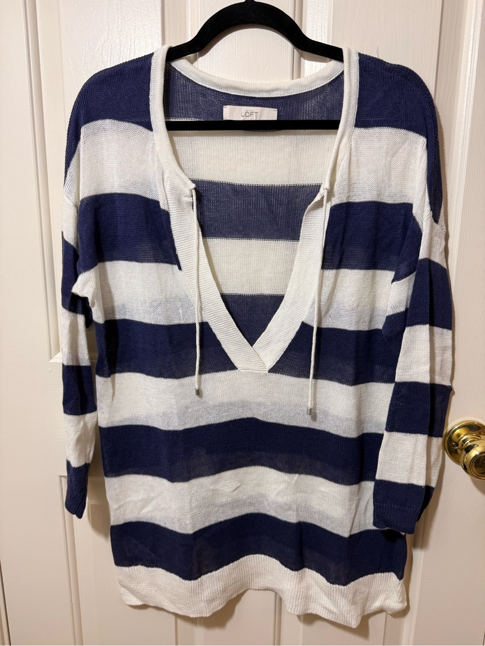LOFT Navy and White Striped V‑Neck Drawstring Sweater